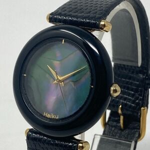 Haiku Watch Women Abalone 31mm Black Round Leather New Battery 8.25"
